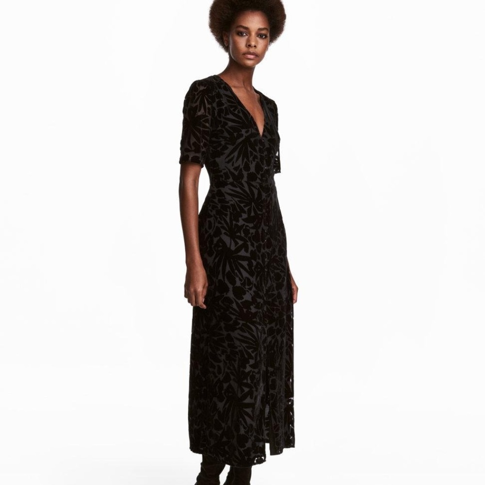 H&M - Black Patterned Long Dress - Size 6